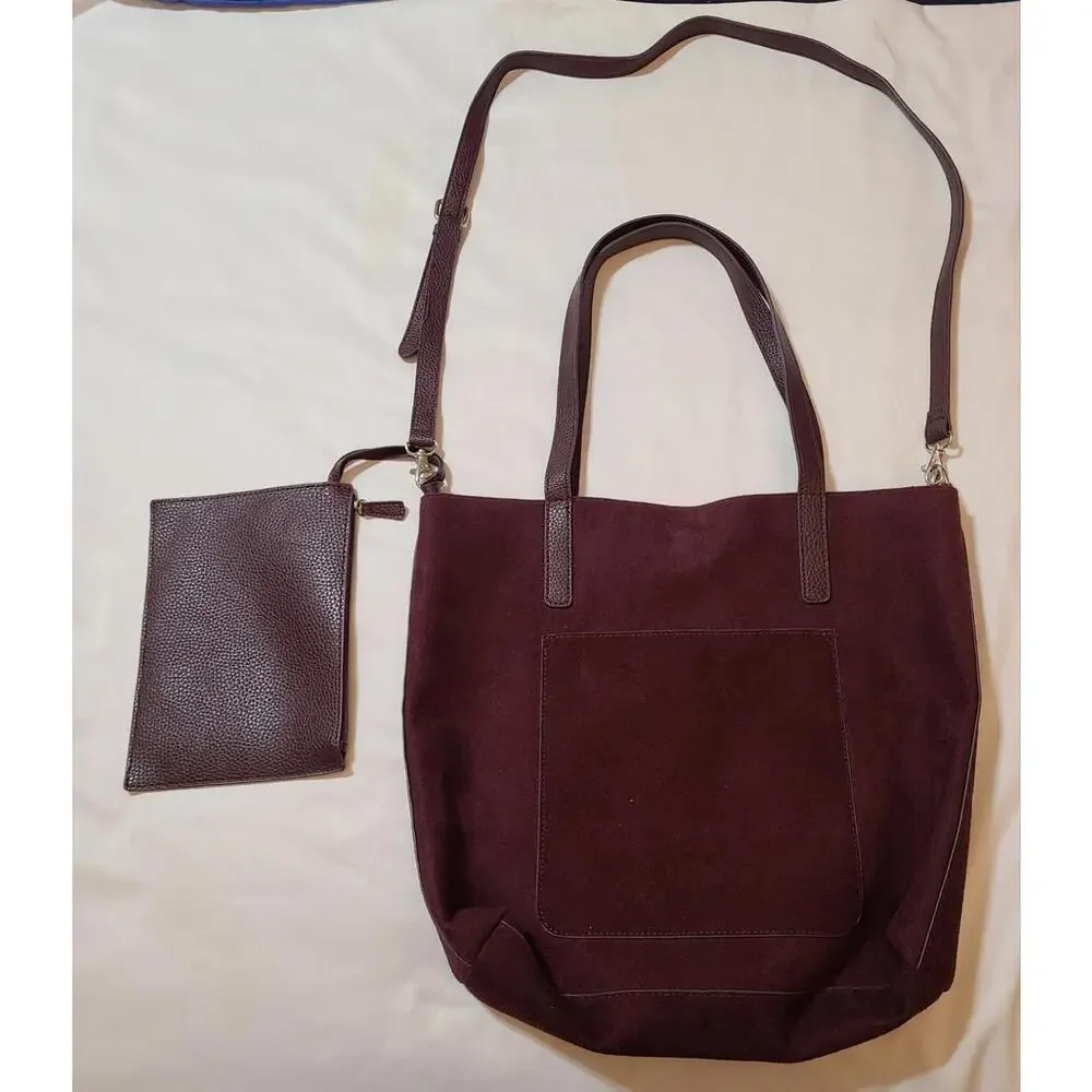 2pk Vegan Suede Tote Sz Medium Equestrian Collegiate Preppy Purple Brown 15x14 - Picture 4 of 13
